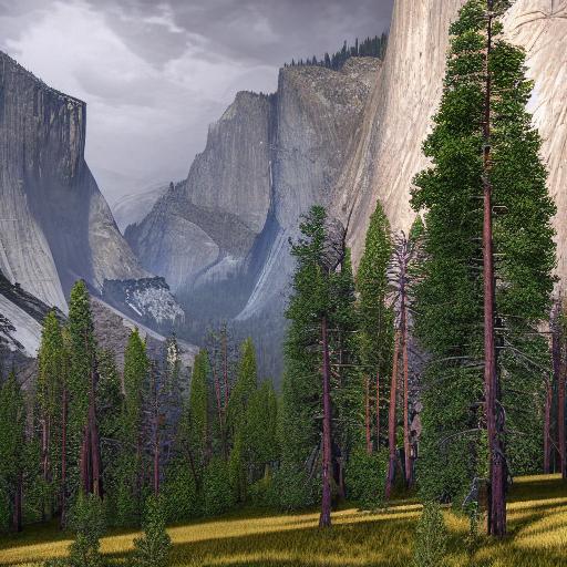 A gloomy National Geographic photograph of Yosemite mountain scenery full of trees, forest, photorealistic, warm, summer
