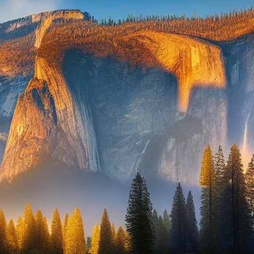 A beautiful National Geographic photograph of Yosemite mountain scenery full of trees, forest, photorealistic, golden hour, sunny, warm, summer