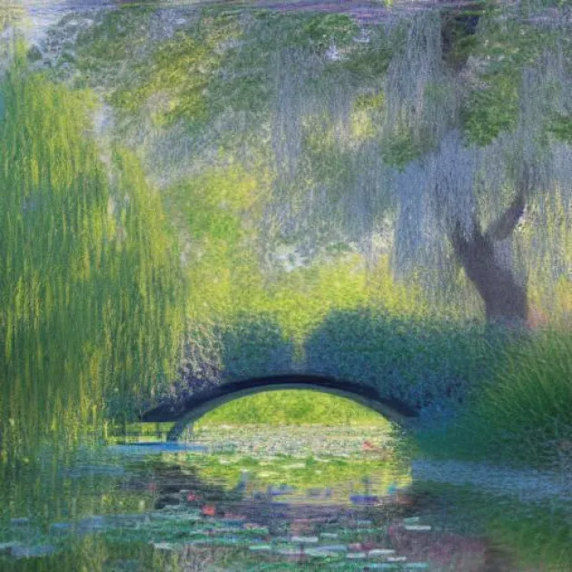 A painting of a bridge over a pond, willow trees in the background